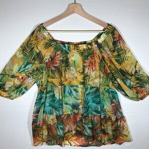 Figueroa & Flower Women's XL Floral Sheer 3/4 Sleeve Off-The-Shoulder Top Blouse